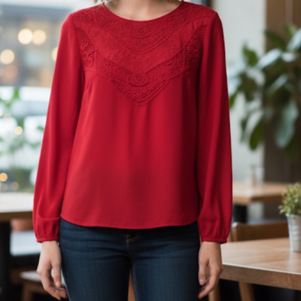 Forever 21 Red Lace Yoke Blouse Long Balloon Sleeve Boho Top Small